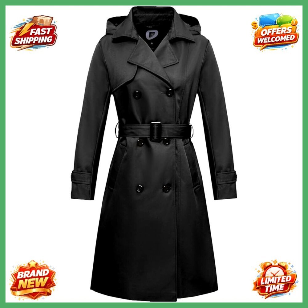 Waterproof Long Trench Coat with Detachable Hood, Belted Windbreaker